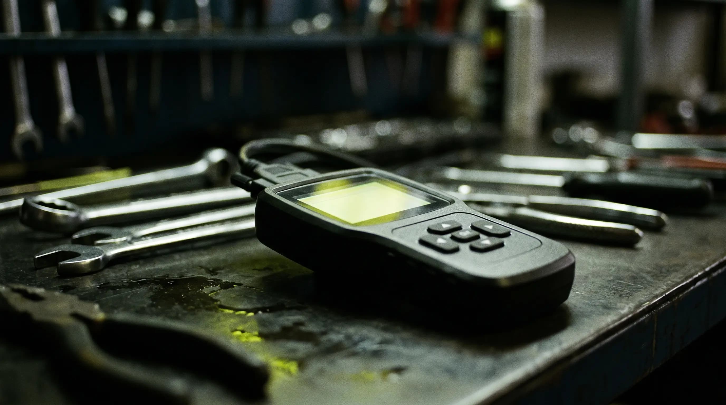 Diagnostic scanner glowing on a dark workbench