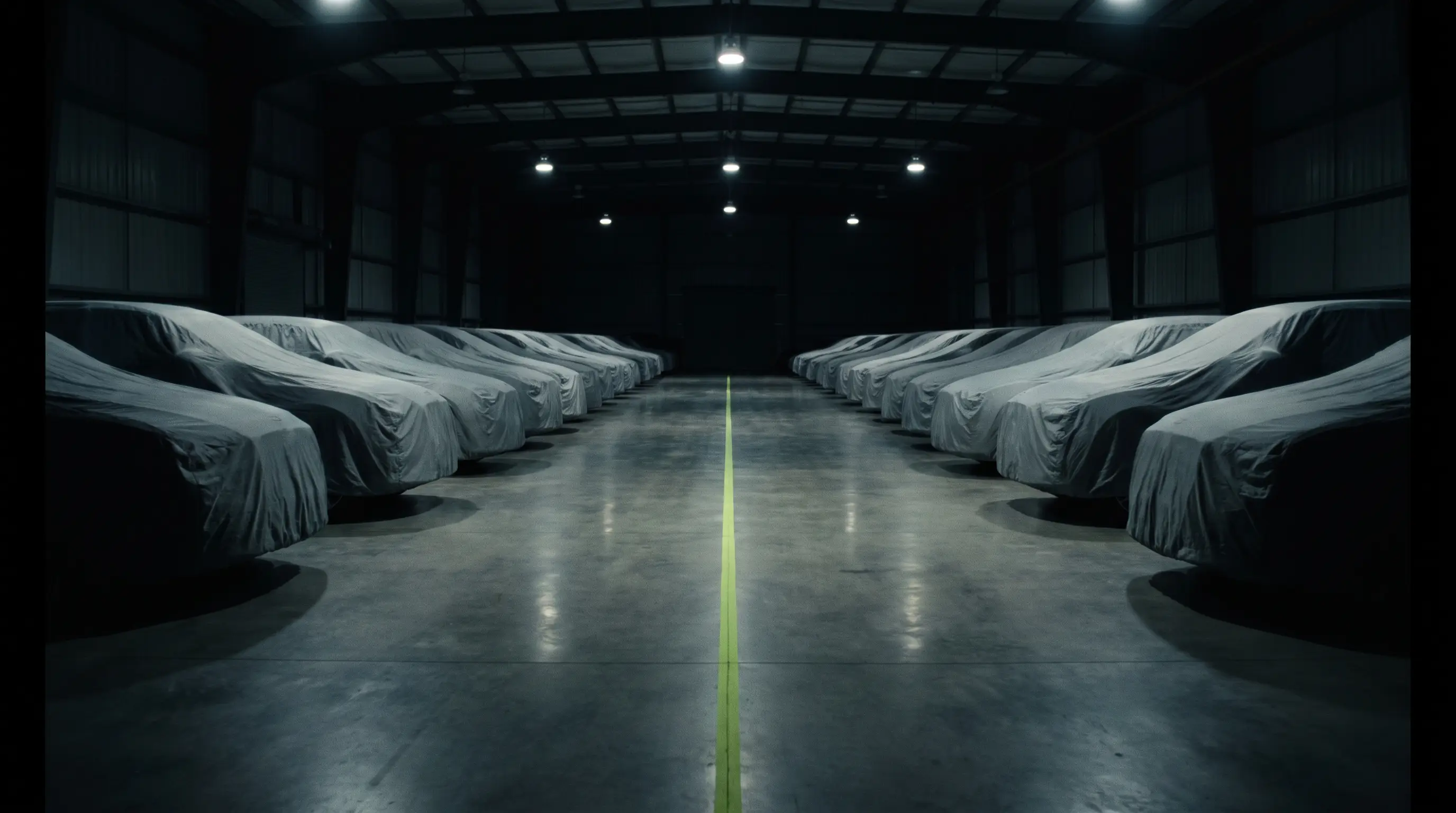 Covered collector cars inside a dark storage vault