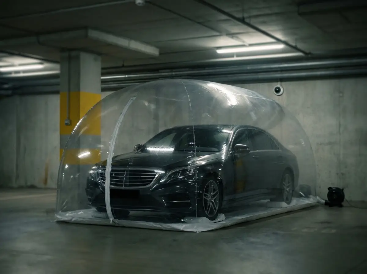 Car sealed inside an inflatable air bubble capsule