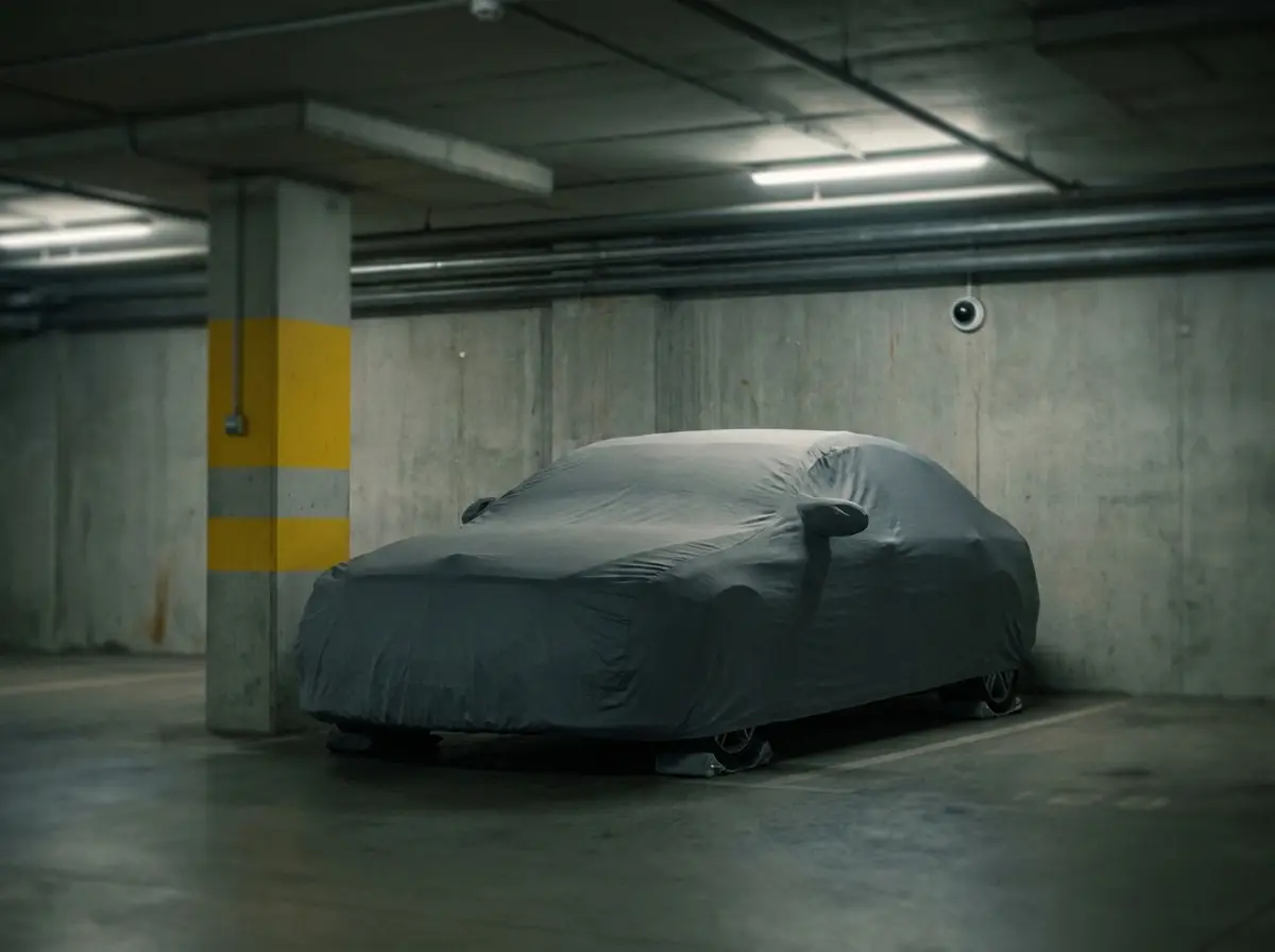 Sedan under a fitted indoor car cover in the storage bay